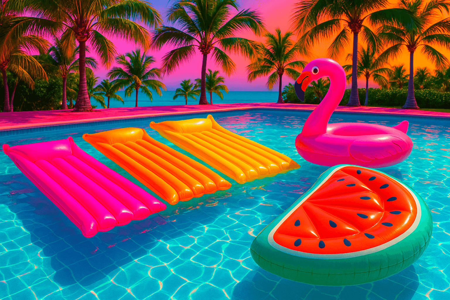 Bright Miami pool full of colorful inflatable floats